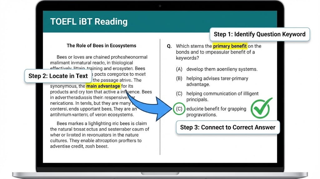 TOEFL iBT Reading bölümünde anahtar kelime bularak soru çözme taktiğini gösteren 3 adımlı örnek ekran görüntüsü.