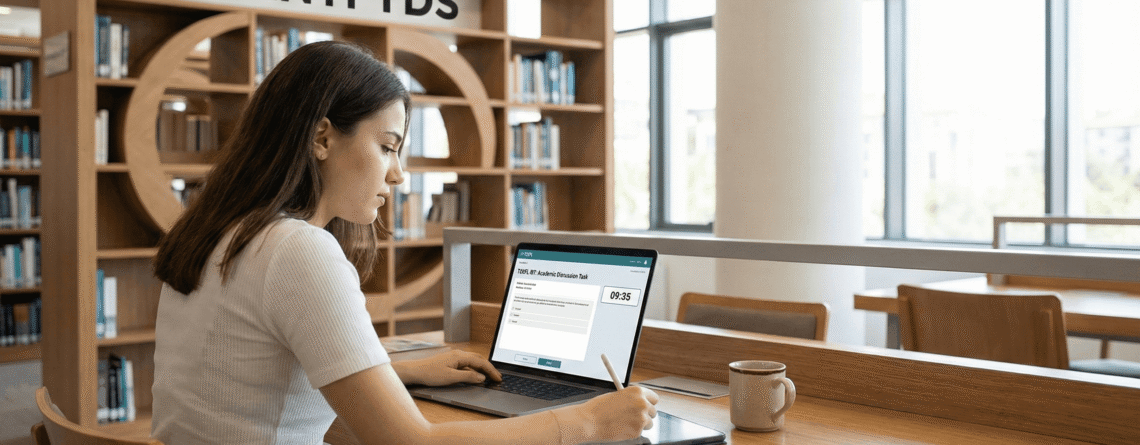 Garanti YDS eğitimi alan dizüstü bilgisayarından TOEFL iBT sınavına çalışırken grafik tablet ile not alan kadın öğrenci.