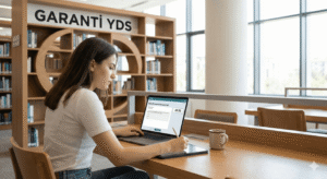 Garanti YDS eğitimi alan dizüstü bilgisayarından TOEFL iBT sınavına çalışırken grafik tablet ile not alan kadın öğrenci.