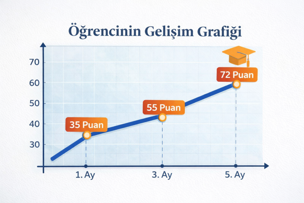 Online YDS kursu ile 5 ayda 35 puandan 72 puana yükselen öğrenci gelişim grafiği.