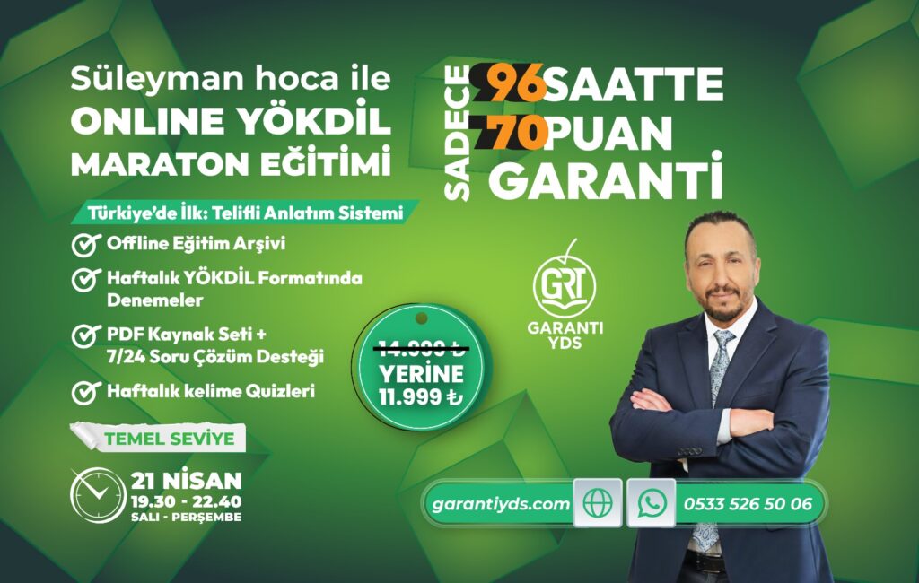 Süleyman hoca ile 96 saatte 70 puan garantili, temel seviye Garanti YDS online YÖKDİL maraton eğitimi kampanya afişi ve indirimli fiyatı.