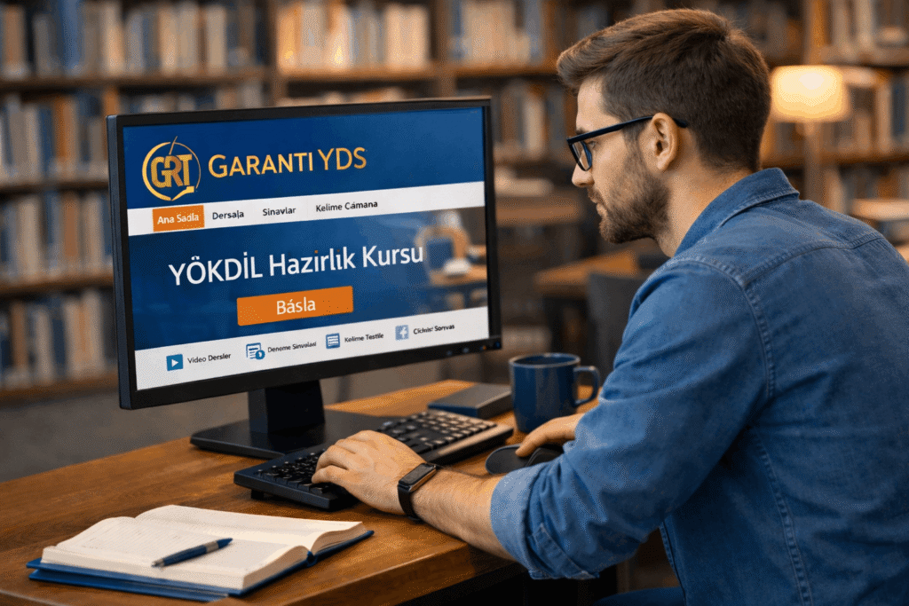 Kütüphanede Garanti YDS online eğitim platformu üzerinden YÖKDİL hazırlık kursuna çalışan akademisyen