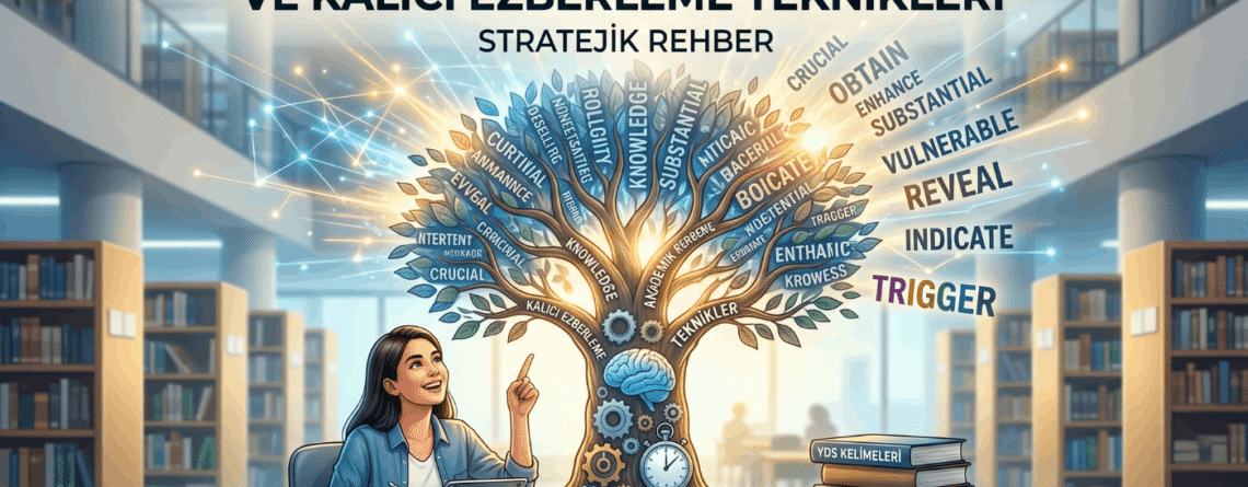 YDS en çok çıkan kelimeler ve kalıcı ezberleme tekniklerini anlatan stratejik rehber konsept görseli.