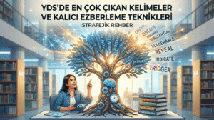 YDS en çok çıkan kelimeler ve kalıcı ezberleme tekniklerini anlatan stratejik rehber konsept görseli.