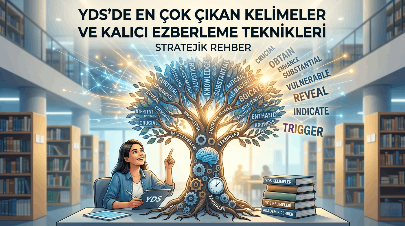 YDS en çok çıkan kelimeler ve kalıcı ezberleme tekniklerini anlatan stratejik rehber konsept görseli.